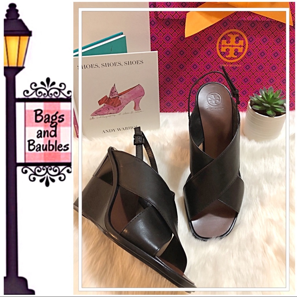 TORY BURCH Gabrielle Black Wedge Sandals Sz 9 NWT